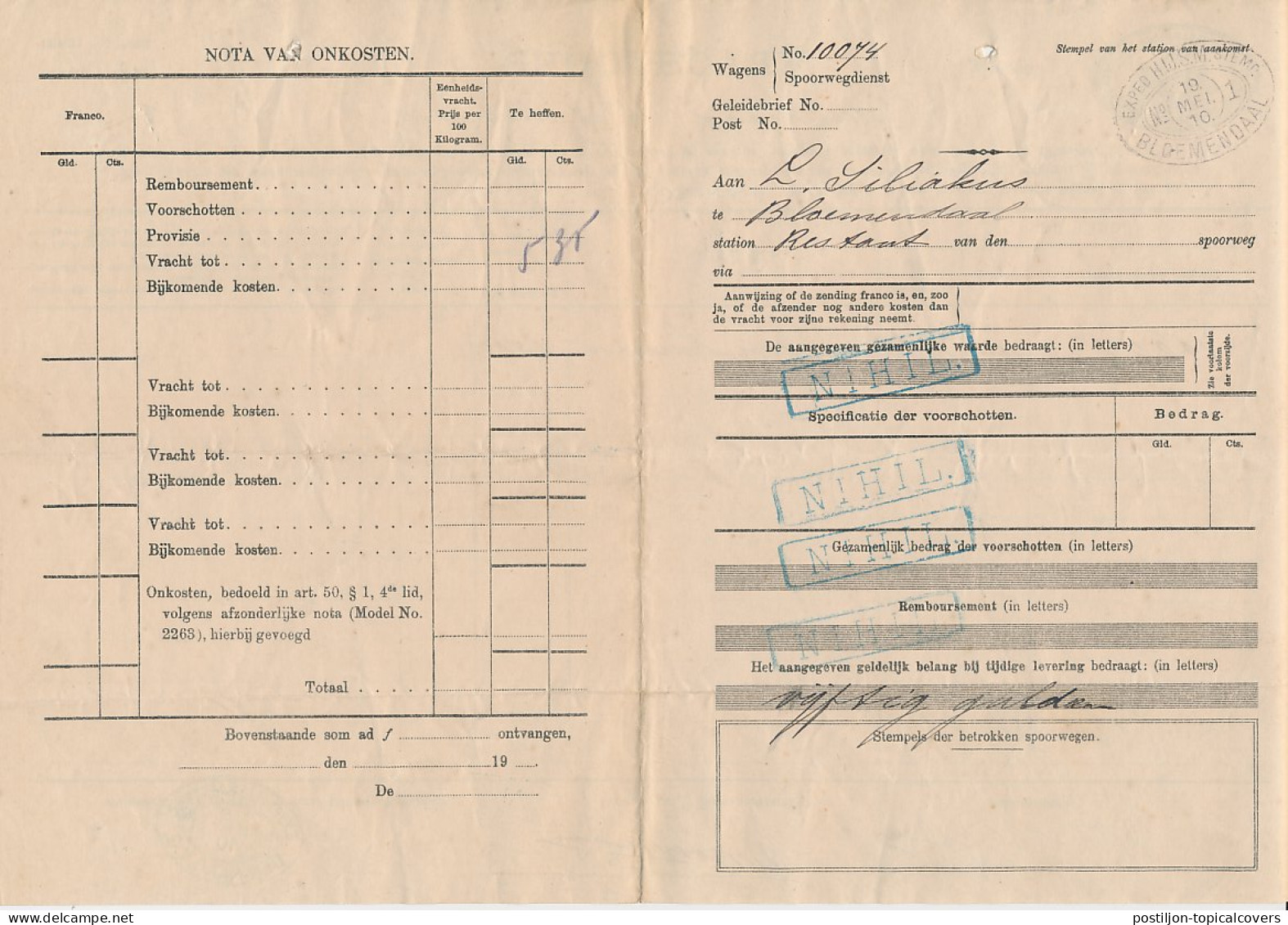 Vrachtbrief H.IJ.S.M. Den Haag - Bloemendaal 1910 - Zonder Classificatie