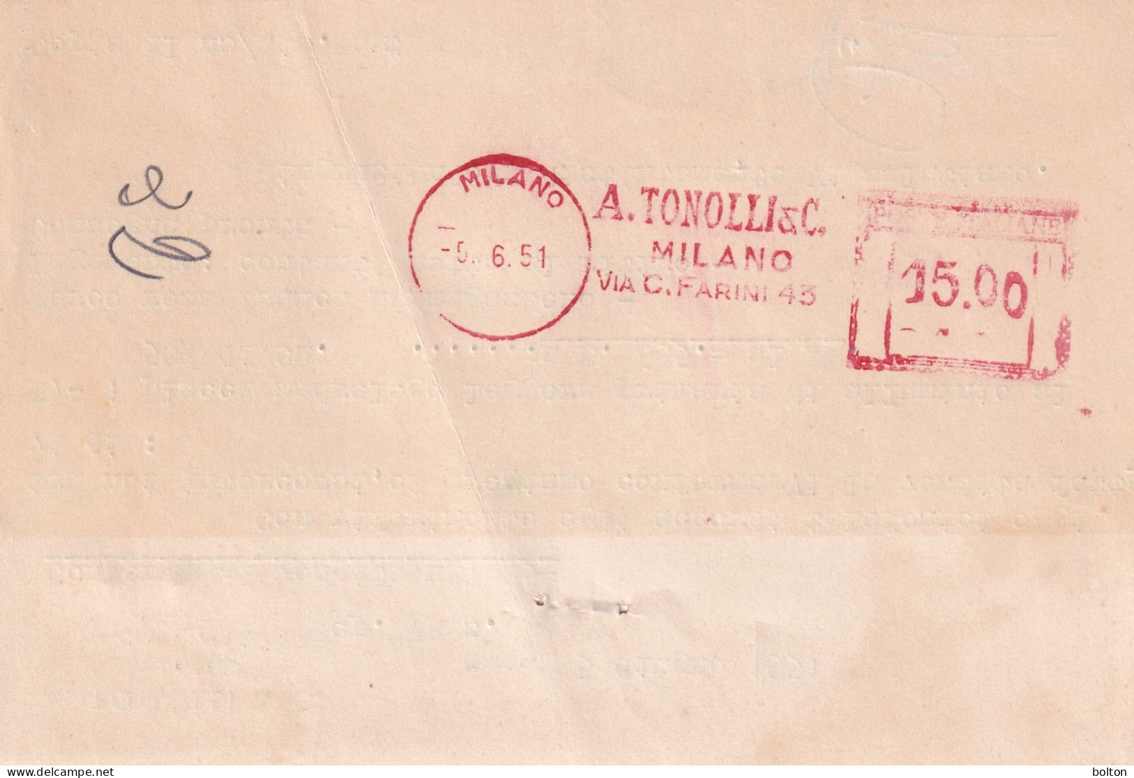 1951  CARTOLINA  Con Affrancatura Rossa  EMA   A. TONOLLI & C Milano Fasci Scalpellati - Storia Postale