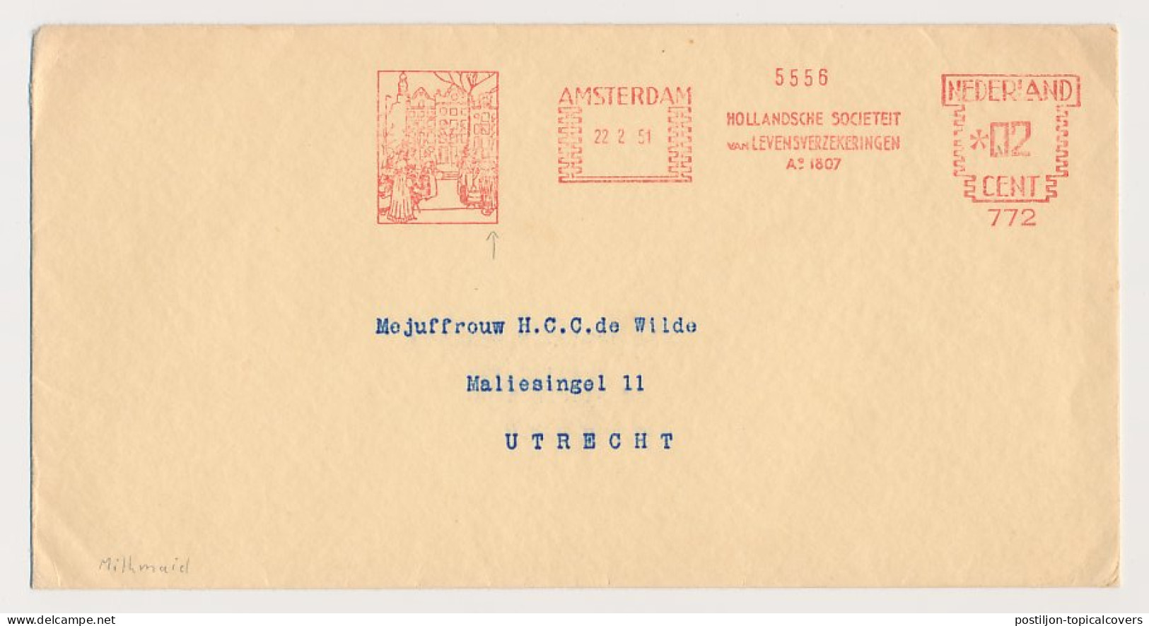 Meter Cover Netherlands 1951 Milkmaid - Canal Houses - Amsterdam - Alimentazione