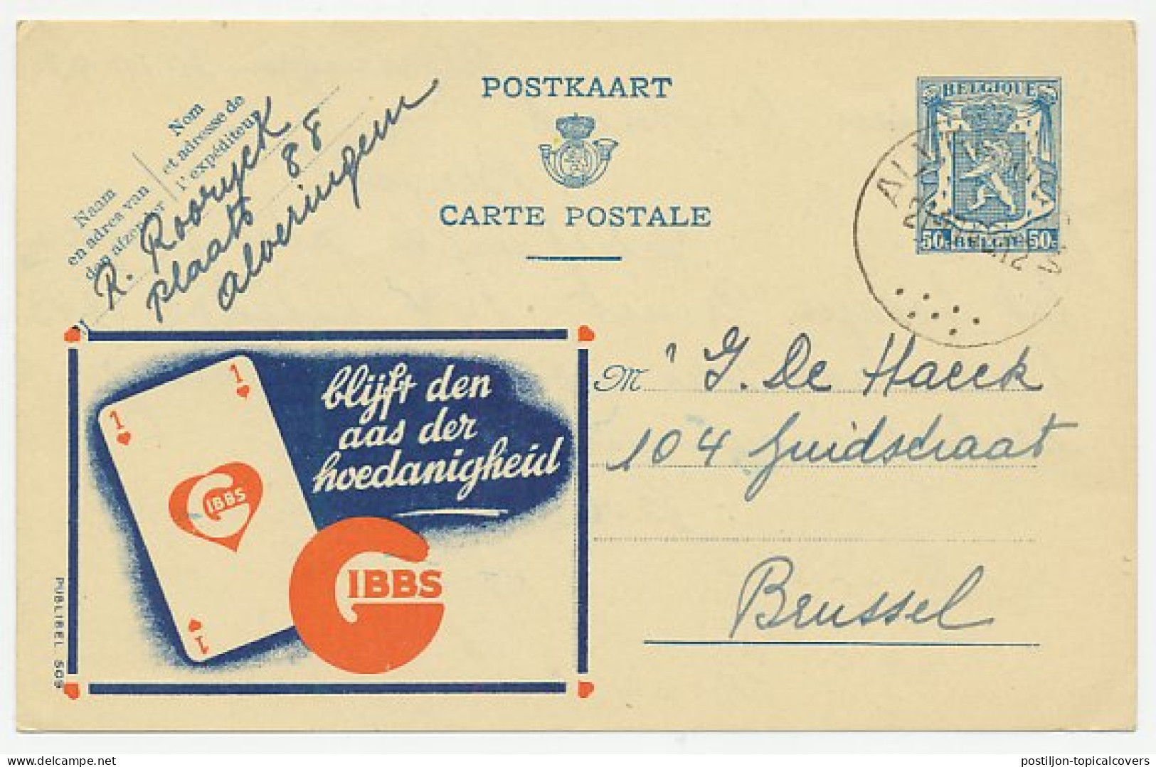 Publibel - Postal Stationery Belgium 1943 Playing Card - Ace - Ohne Zuordnung