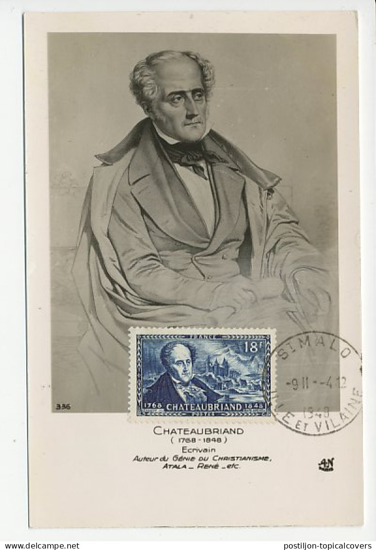 Maximum Card France 1948 Francois Rene De Chateaubriand - The Genius Of Christianity  - Writers