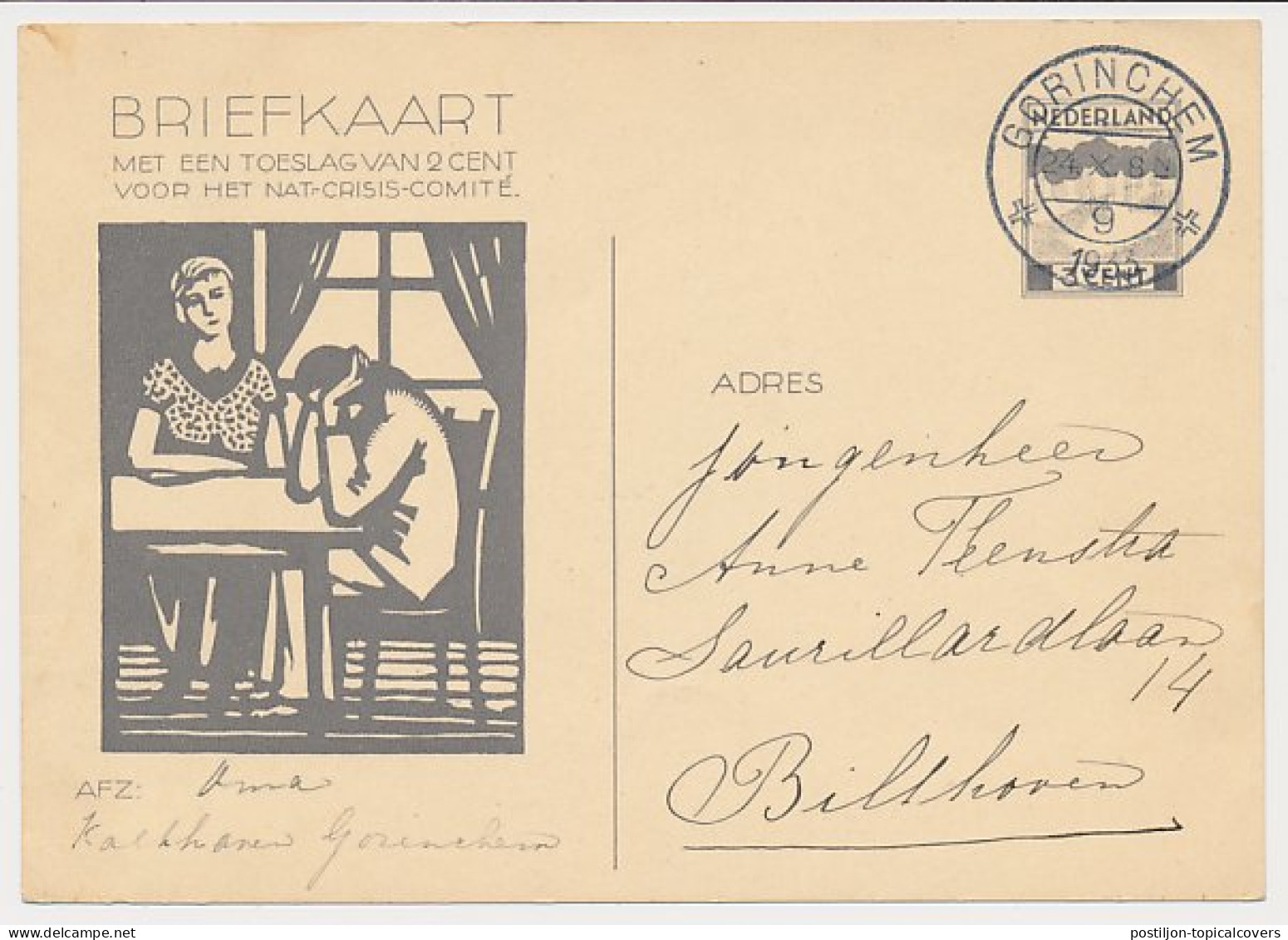 Briefkaart G. 233 Gorinchem - Bilthoven 1933 - Entiers Postaux