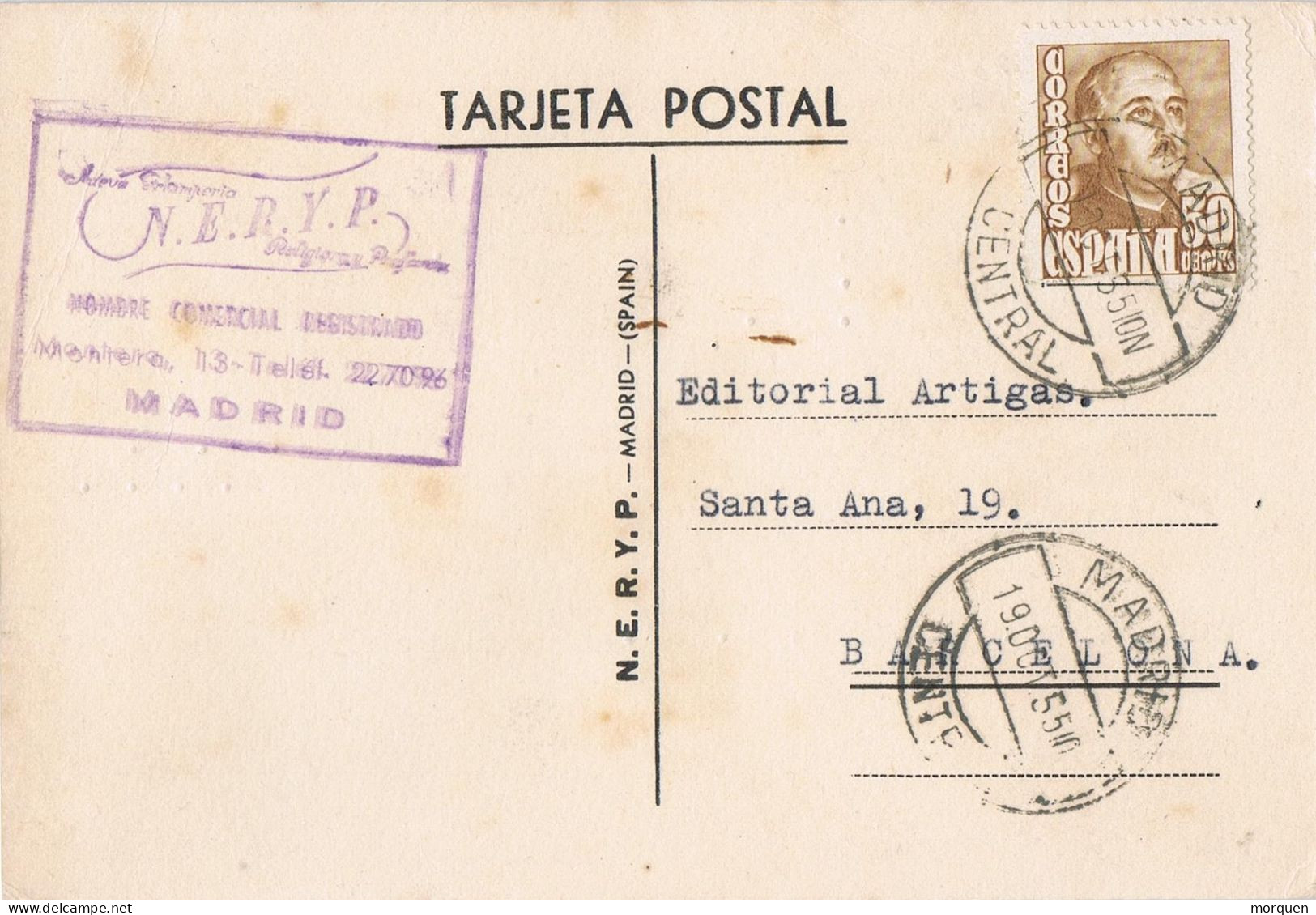 55012. Tarjeta Comercial MADRID 1955. Corre Central. - Comercial Papeleria - Covers & Documents