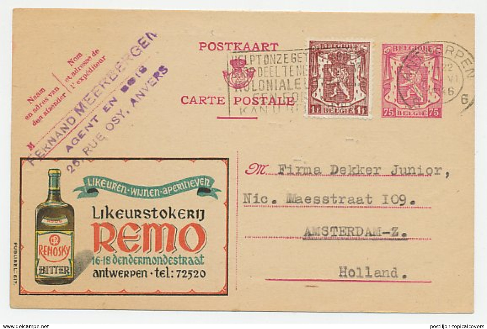 Publibel - Postal Stationery Belgium 1946 Liquor - Distillery Remo - Vins & Alcools