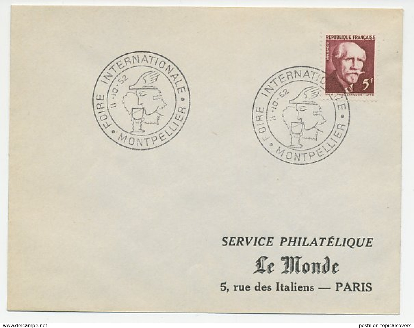 Cover / Postmark France 1952 Hermes - International Fair - Mitologia