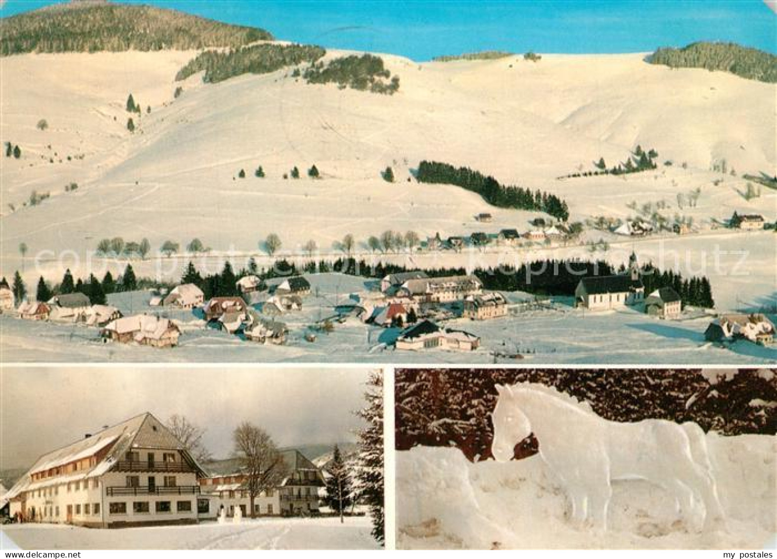 73300633 Bernau Schwarzwald Winterpanorama Gasthof Pension Roessle Pferdestatue  - Bernau