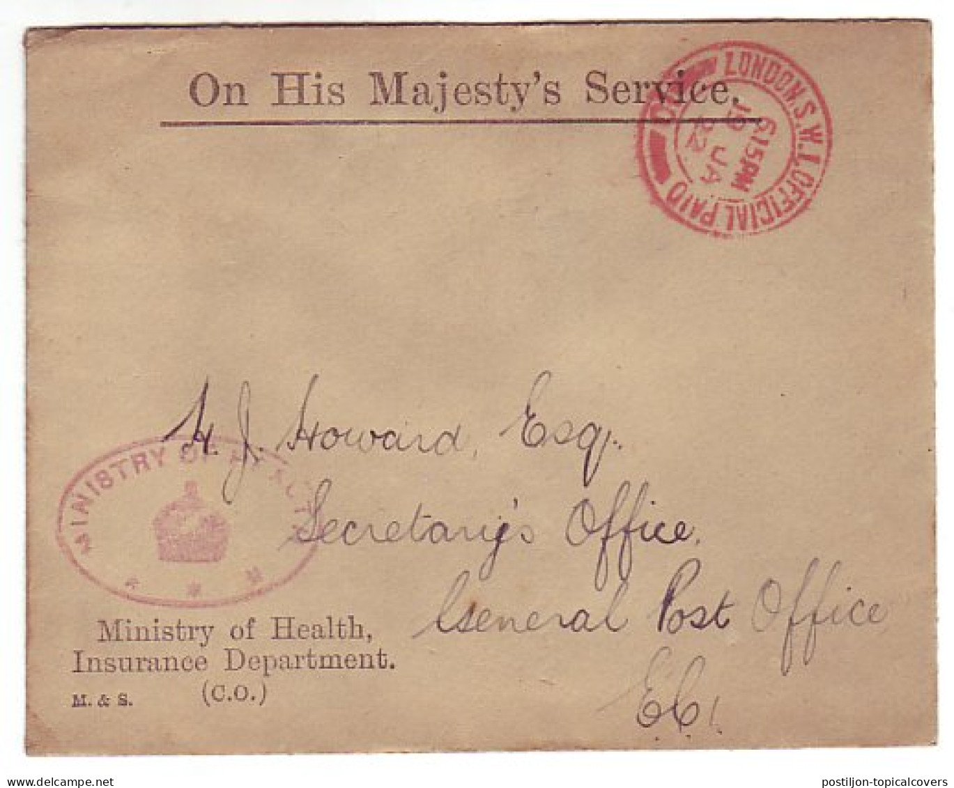 Service Cover GB / UK 1922 Ministry Of Health - Other & Unclassified
