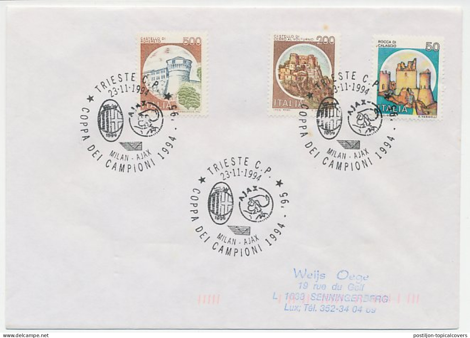 Cover / Postmark Italy 1994 Football - UEFA Champions League - Milan - Ajax - Other & Unclassified