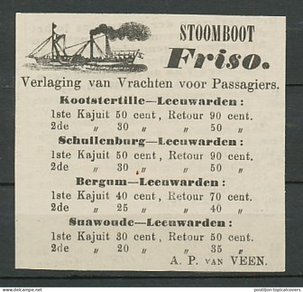 Advertentie 1870 Stoomboot O.a. Bergum - Leeuwarden - Covers & Documents