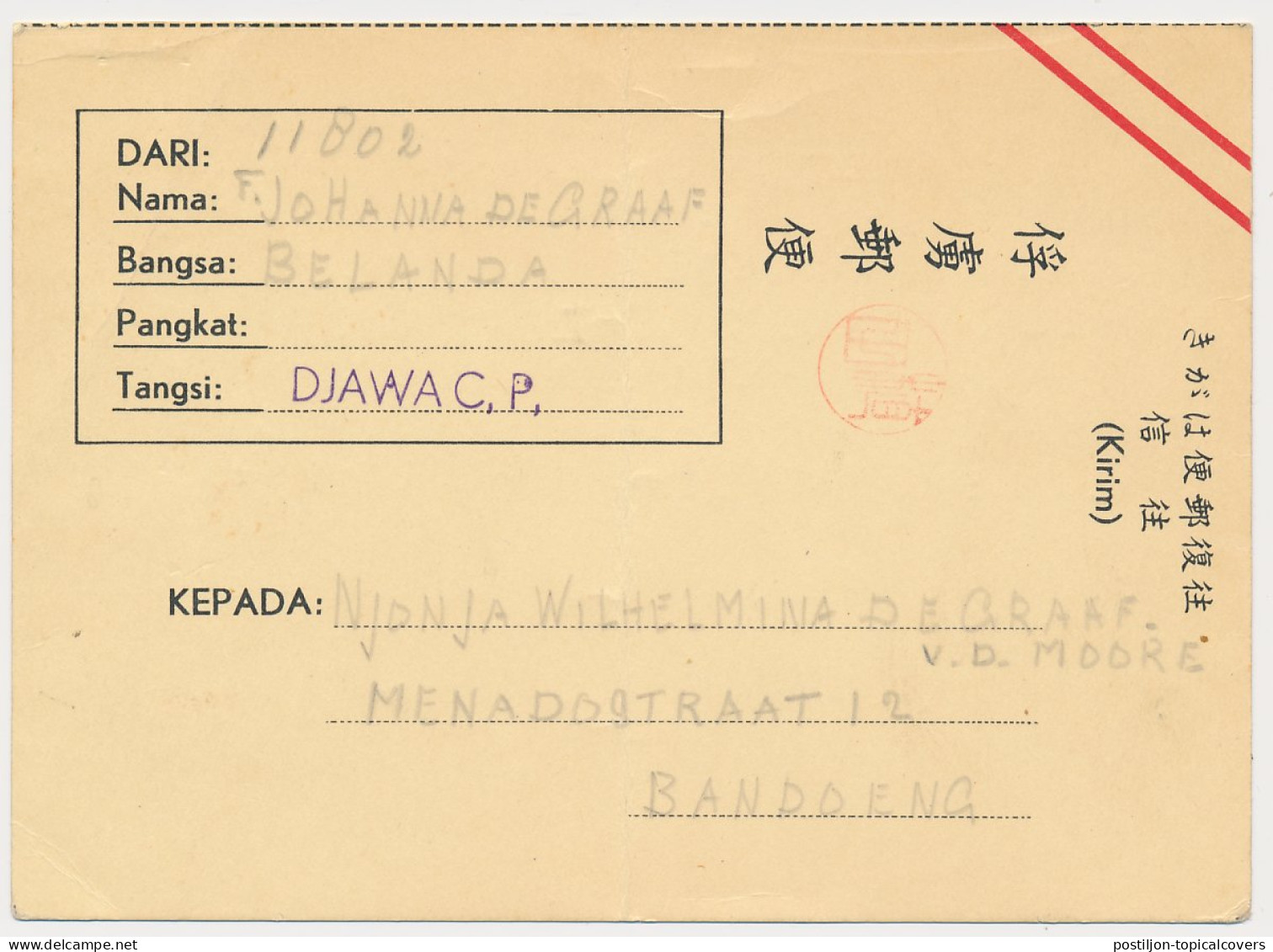 Censored POW Card Internee Bandoeng Netherlands Indies - Indes Néerlandaises