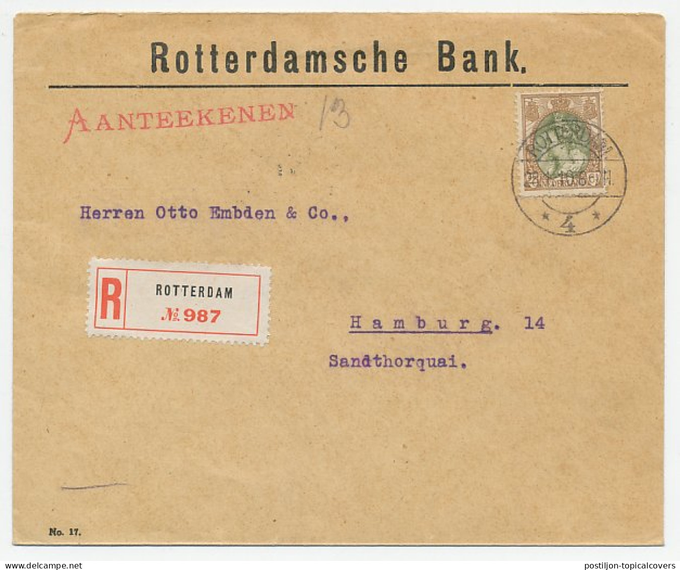 Em. Bontkraag Aangetekend Rotterdam - Duitsland 1910 - Zonder Classificatie