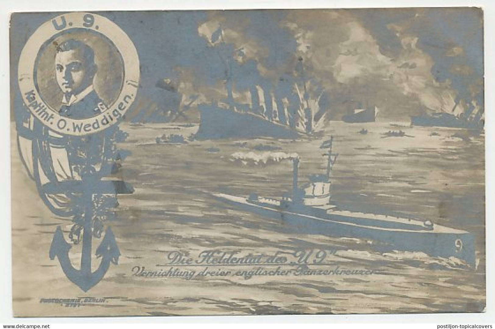 Picture Postcard Germany 1914 Card Submarine U9 - British Cruisers Cressy - Hogue - Aboukir  - Prima Guerra Mondiale