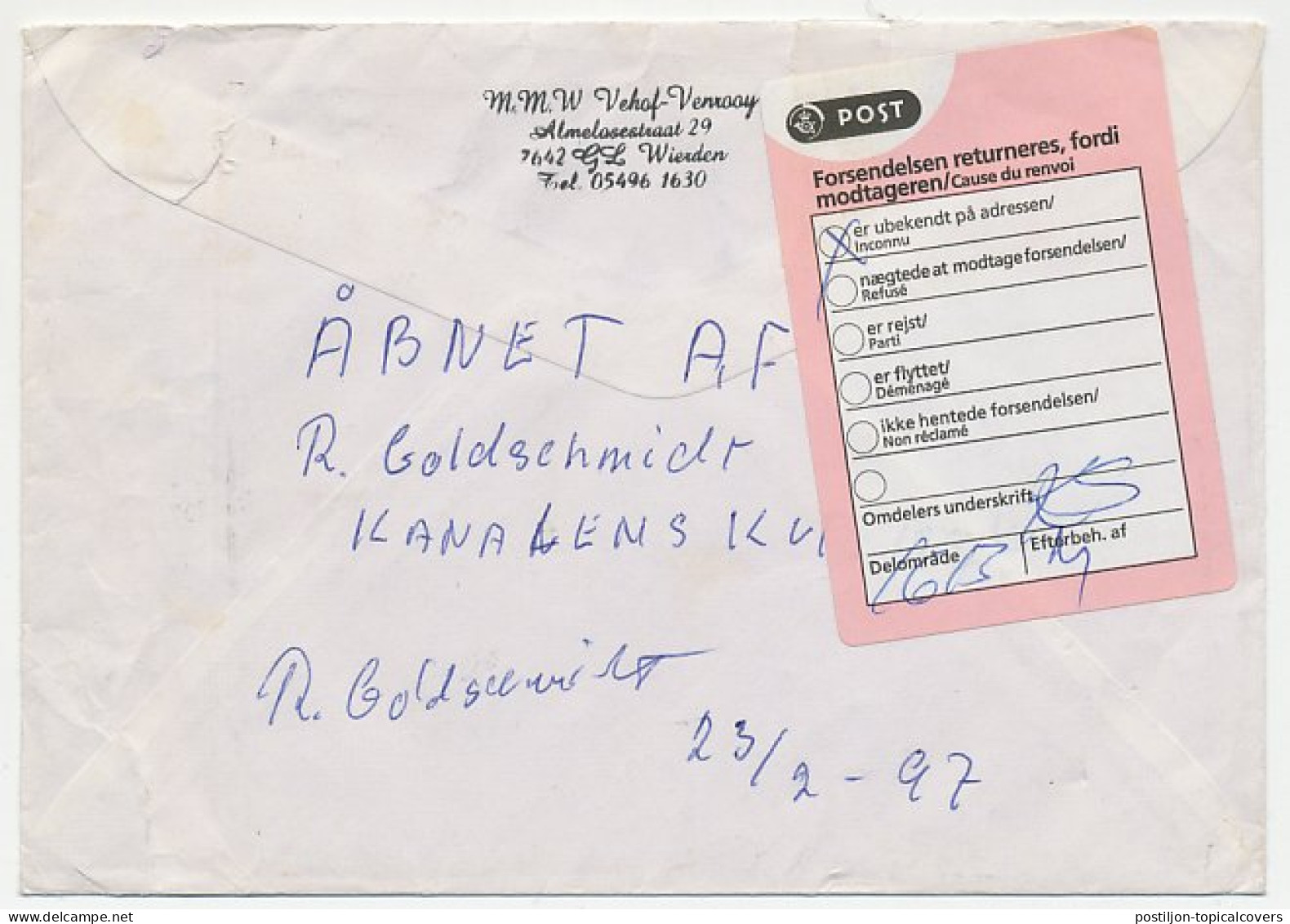 Damaged Mail Cover Netherlands - Denmark 1997 Damaged - Label - Return To Sender - Sin Clasificación