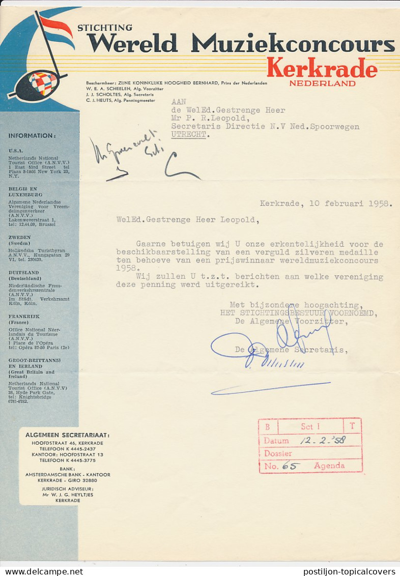 Brief Kerkrade 1958 - Stichting Wereld Muziekconcours - Pays-Bas
