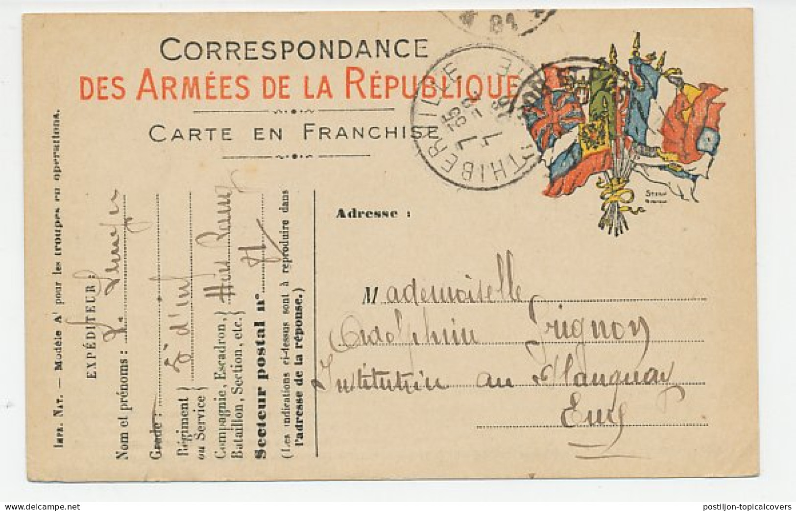 Military Service Card France 1916 Flags - Allies Postcard - WWI - Autres & Non Classés