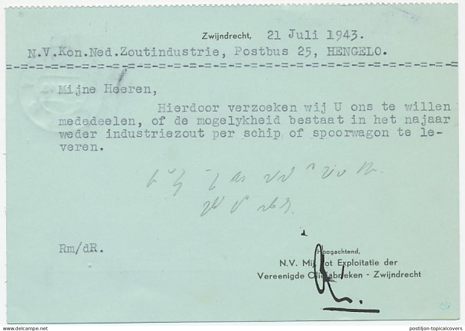 Perfin Verhoeven 022 - A.J. - Zwijndrecht 1943 - Zonder Classificatie