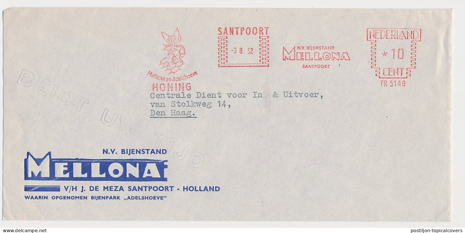 Meter Cover Netherlands 1952 Bee - Honey - Mellona - Santpoort  - Autres & Non Classés
