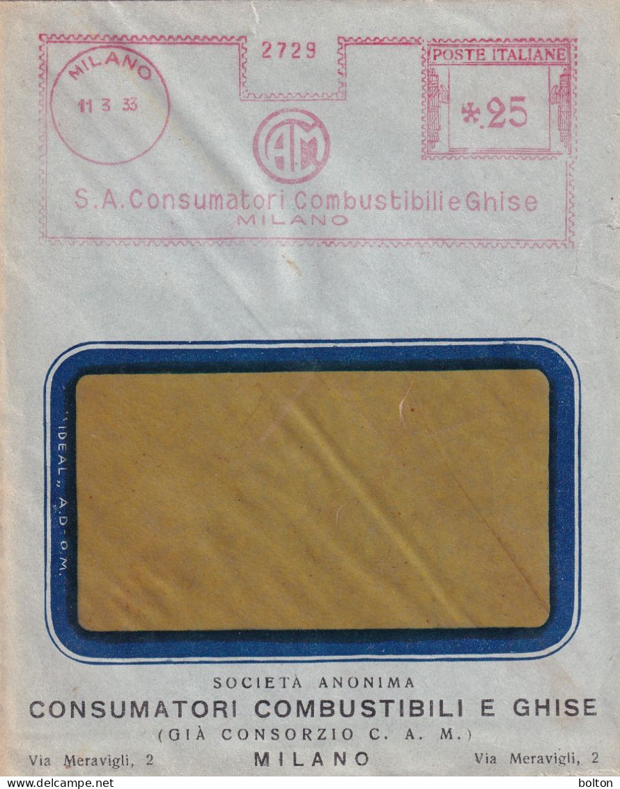 1933  Busta  Con Affrancatura Rossa  EMA  CAM  CONSUMATORI COMBUSTIBILI E GHISE - Poststempel