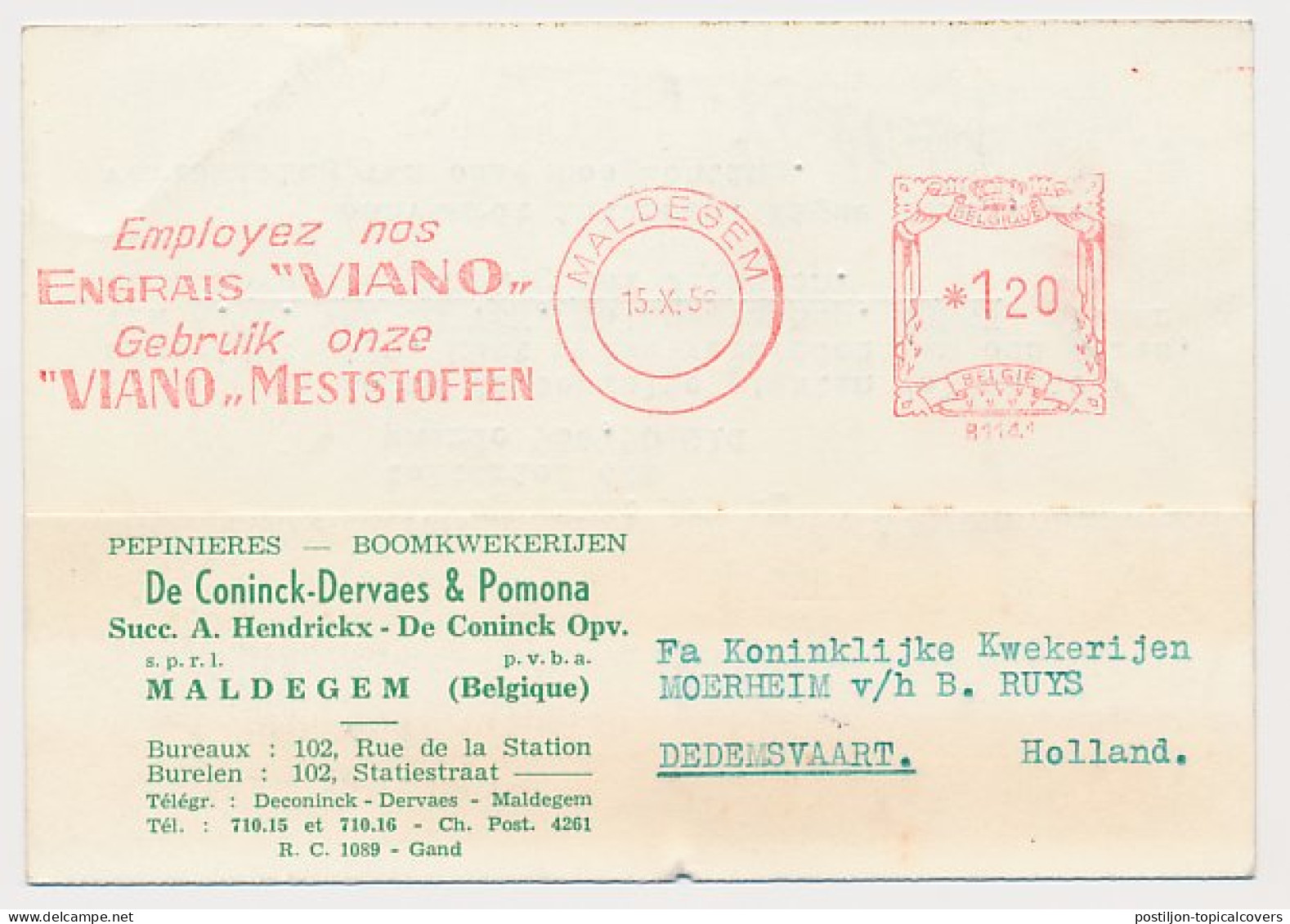 Meter Card Belgium 1956 Fertilizers - Viano - Landwirtschaft