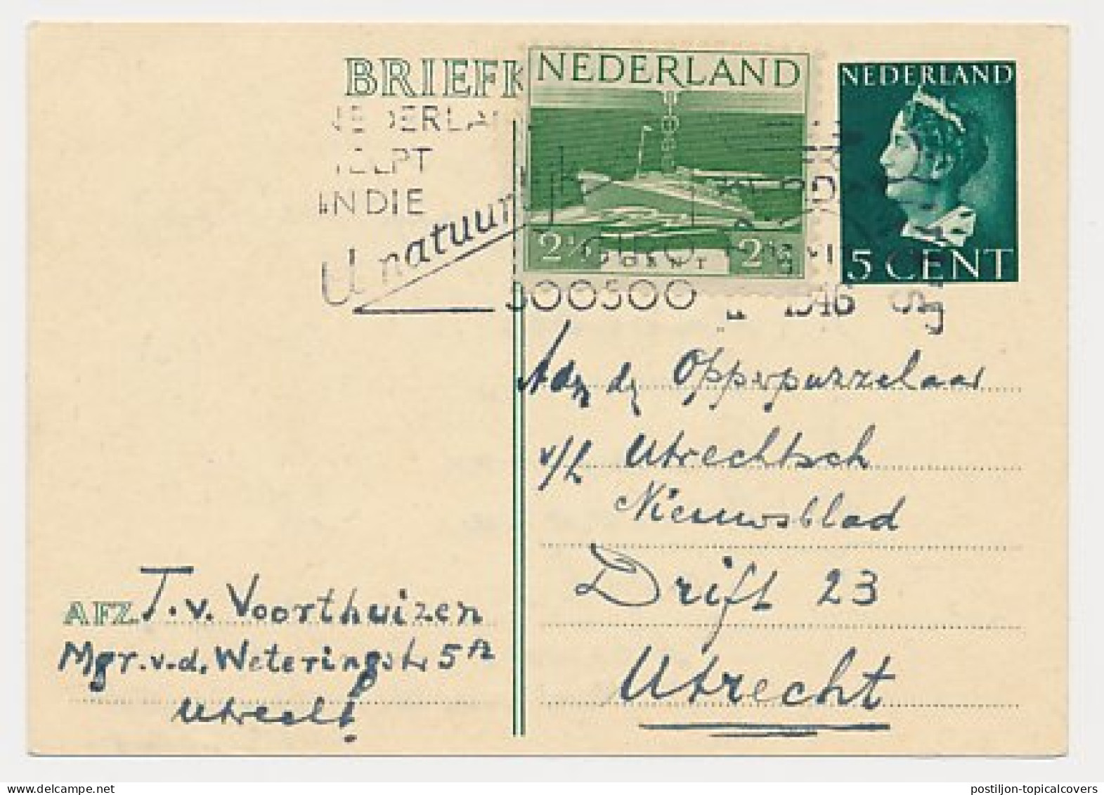 Briefkaart G. 281 / Bijfrankering Locaal Te Utrecht 1946 - Interi Postali
