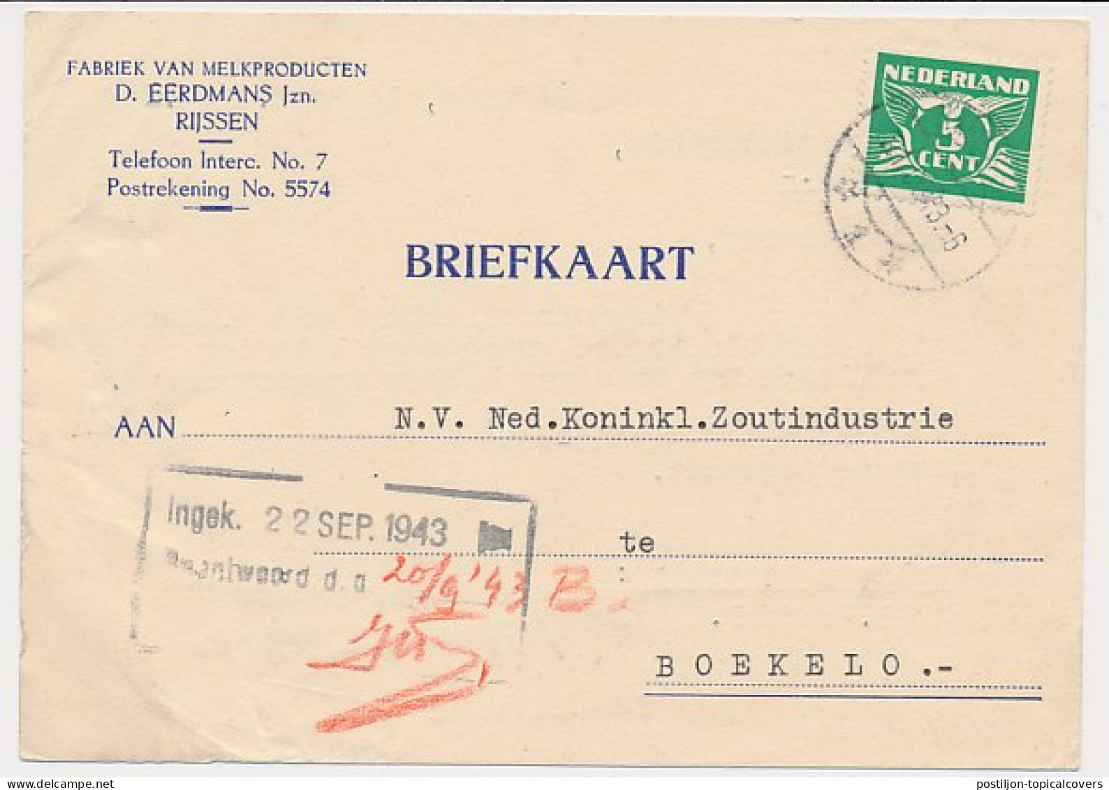 Firma Briefkaart Rijssen 1943 - Fabriek Van Melkproducten - Ohne Zuordnung