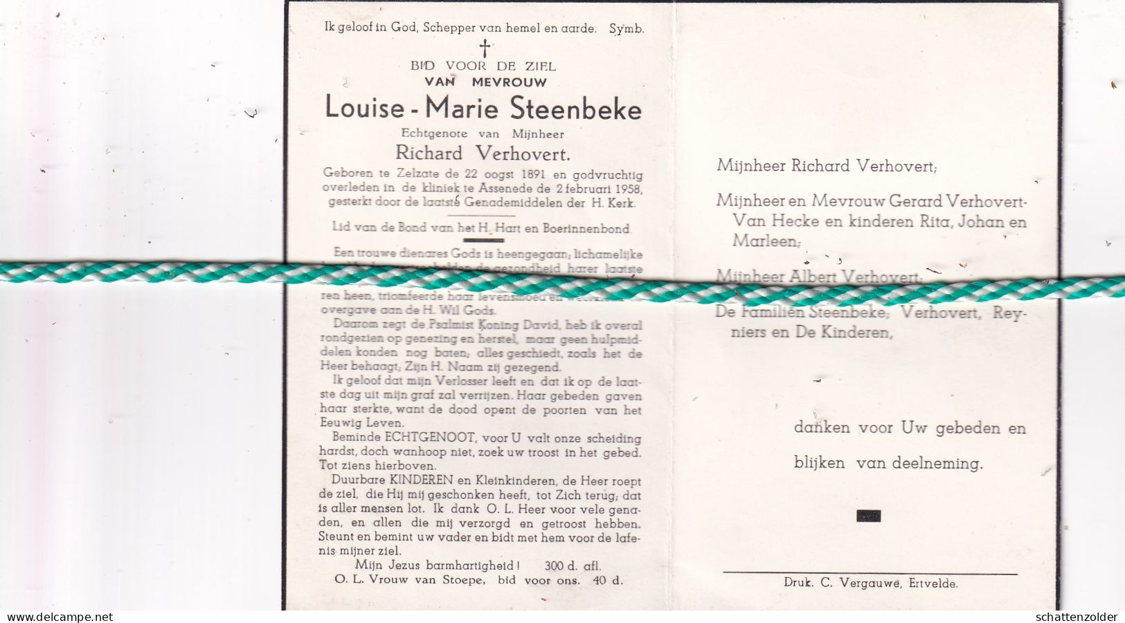 Louise Marie Steenbeke-Verhovert, Zelzate 1891, Assenede 1958 - Décès