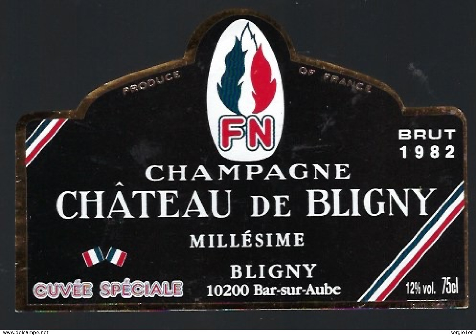 Etiquette Champagne Brut Millesime 1982 Chateau De Bligny  "FN" Le Pen Bligny Bar Sur Aube 10  Avec Sa Collerette - Champagne