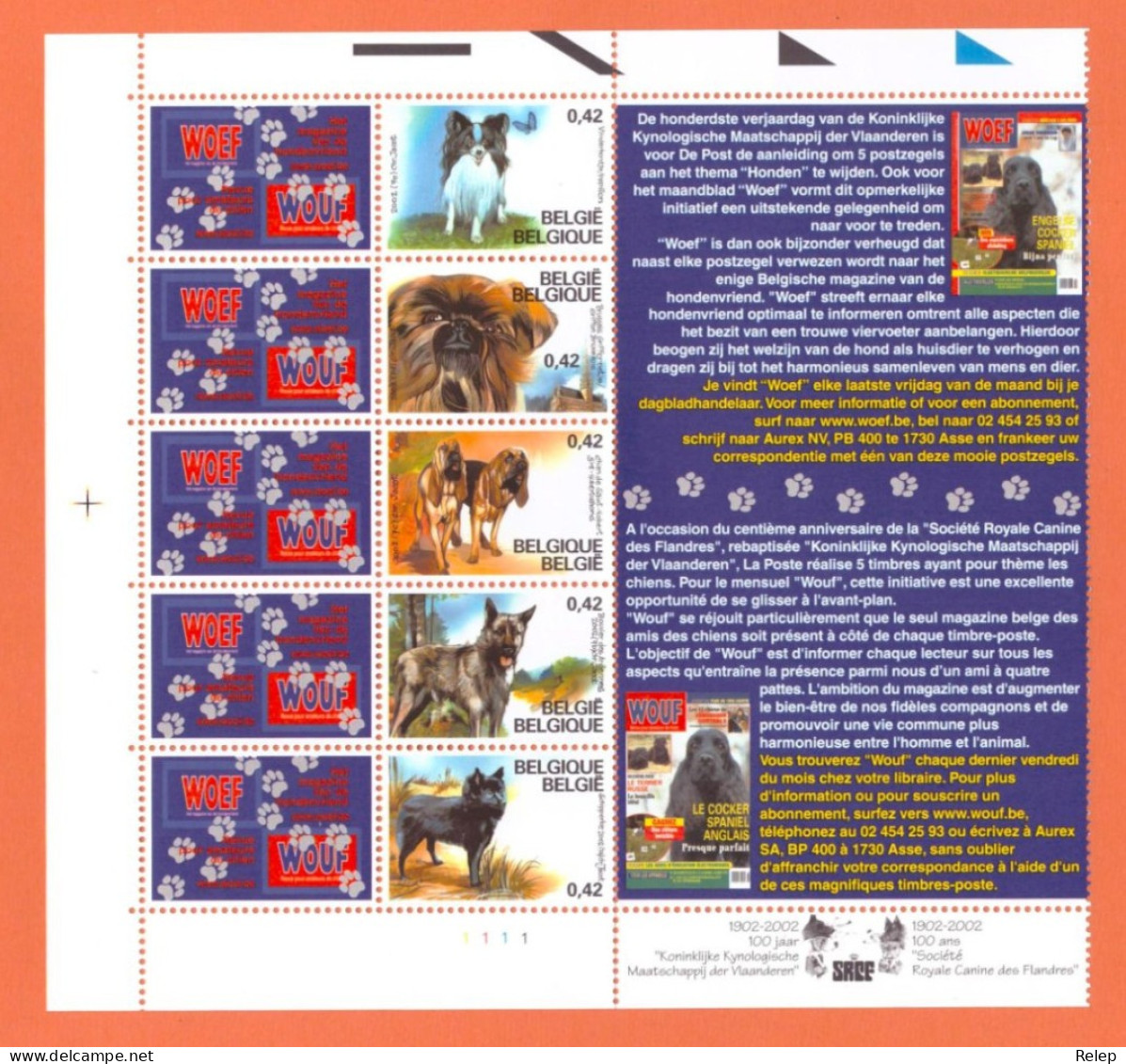 COB 3064/68  2002  *** Belgian Dogbreeds   - Feuillet 1 SERIE - MNH - - Unused Stamps