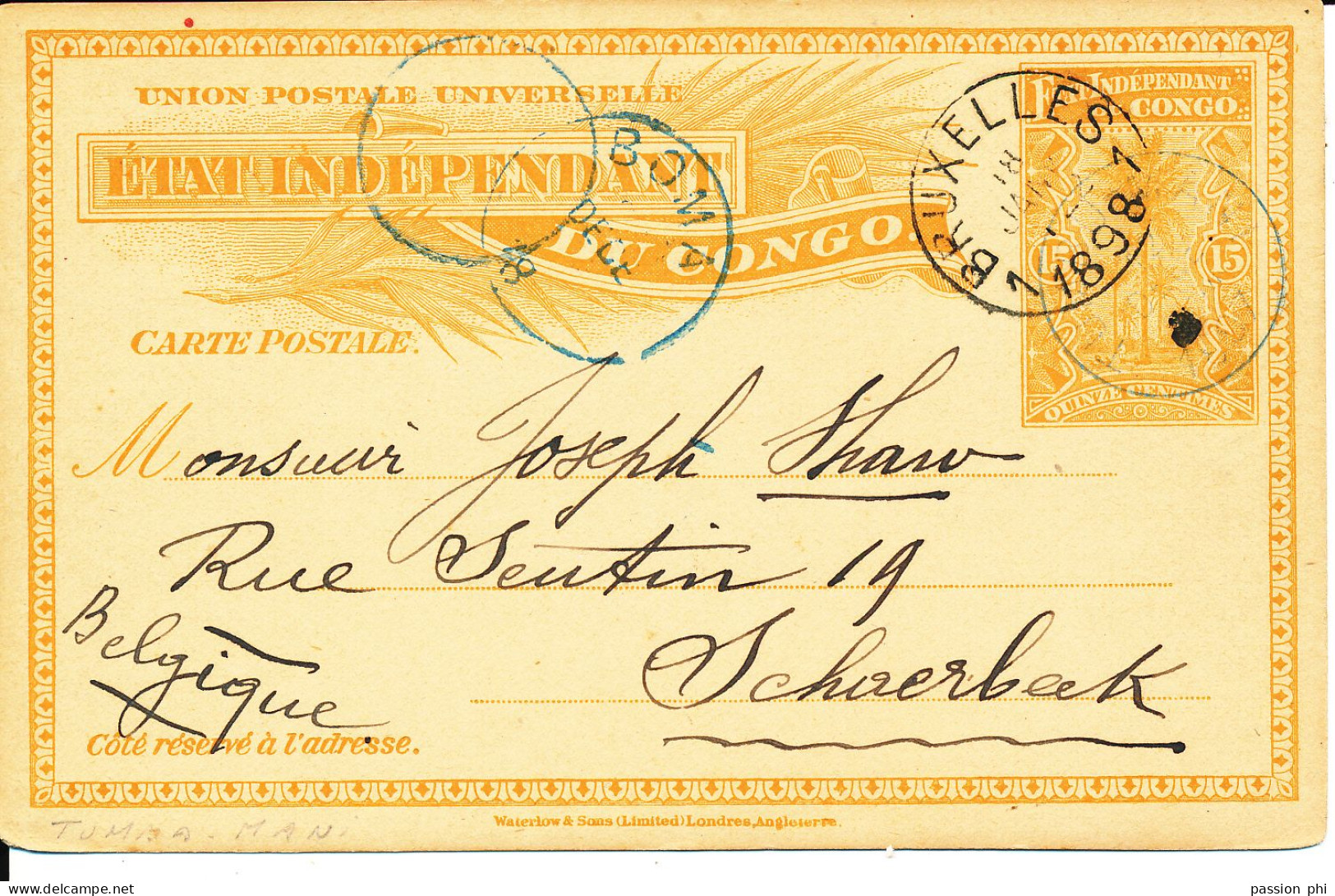 BELGIAN CONGO  PS SBEP 15 USED FROM TUMBU MANI 12.12.1897 TO SCHAERBEEK - Postwaardestukken