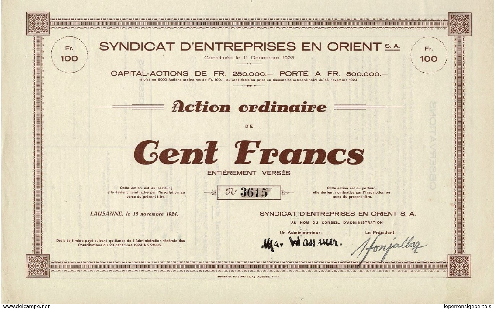 Titre De 1924 - Syndicat D'Entreprises En Orient - - Mineral