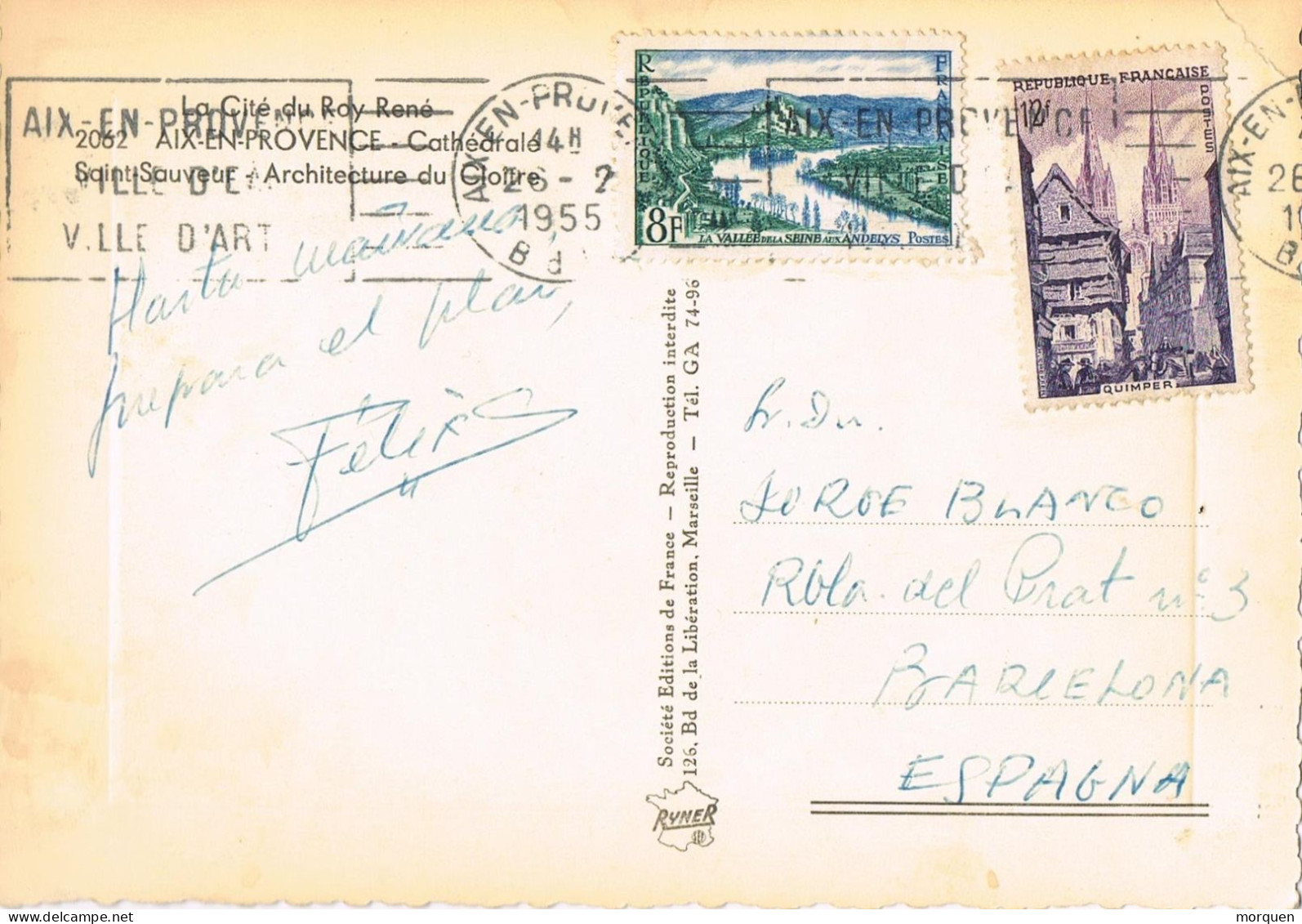 55014. Postal AIX En PROVENCE (Bouches Du Rhone) 1955. Flamme Ville D'art.  Catedral De Saint Saveur - Covers & Documents