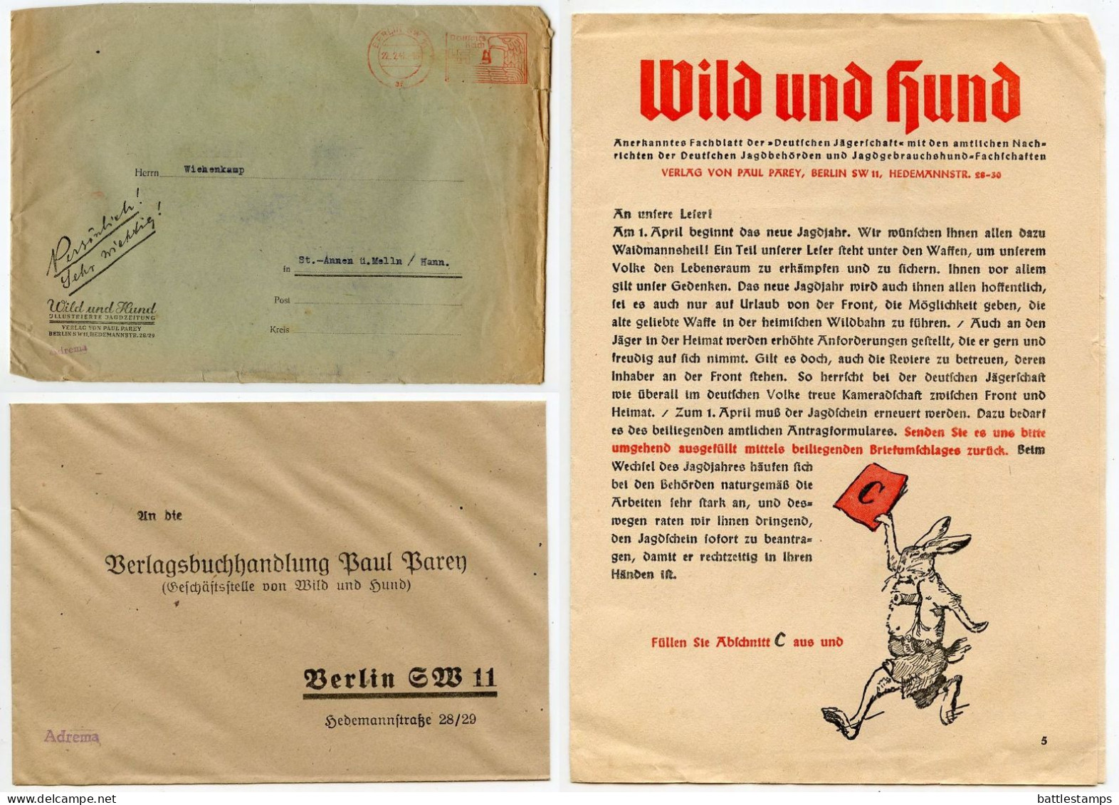 Germany 1941 Cover W/ Pamphlet & Hunting License Application; Berlin - Wild Und Hund; 4pf. On 3pf. Meter - Frankeermachines (EMA)