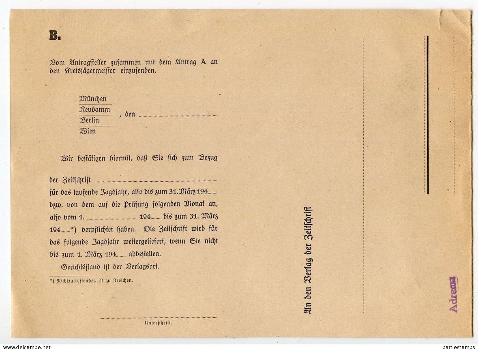 Germany 1941 Cover w/ Pamphlet & Hunting License Application; Berlin - Wild und Hund; 4pf. on 3pf. Meter