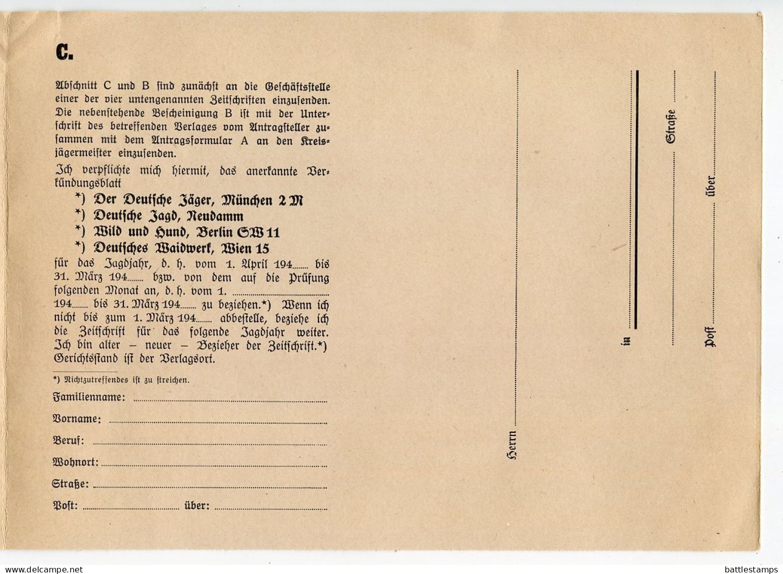 Germany 1941 Cover w/ Pamphlet & Hunting License Application; Berlin - Wild und Hund; 4pf. on 3pf. Meter