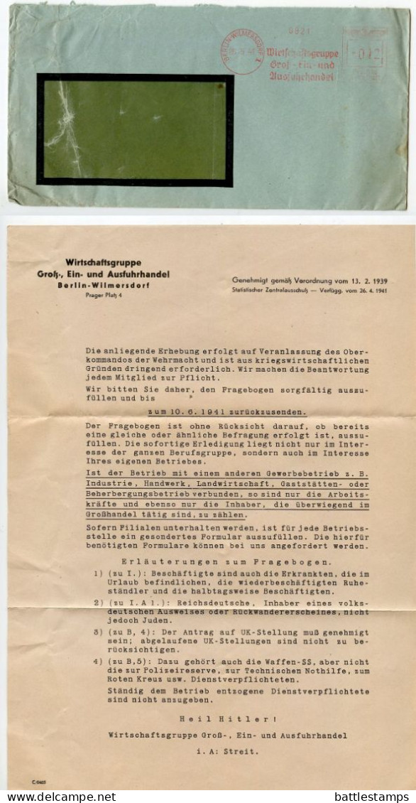 Germany 1941 Cover & Letter; Berlin-Wilmersdorf - Wirtschaftsgruppe Groß, Ein- Und Ausfuhrhandel; 12pf. Meter W/ Slogan - Macchine Per Obliterare (EMA)