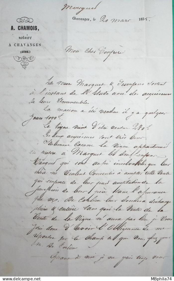 CAD TYPE 15 CHAVANGES AUBE CORRESPONDANCE LOCALE TAXE 1 POUR RAMERUPT 1855 LETTRE COVER FRANCE - 1849-1876: Période Classique