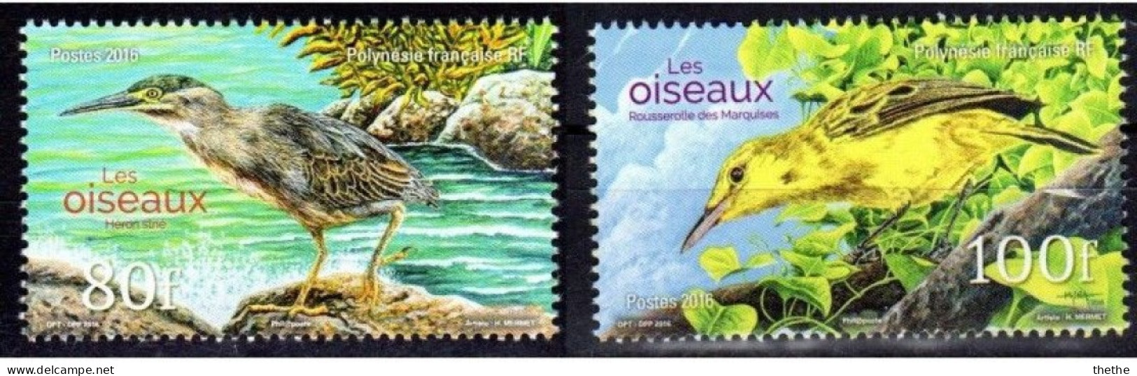 POLYNESIE - Les Oiseaux :  Héron Strié (Butorides Striata) -  Phragmite Des Marquises (Acrocephalus Mendanae) - Unused Stamps