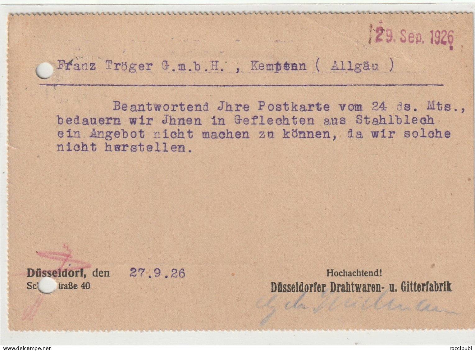 Postkarte Von Düsseldorf Nach Kempten 1926 - Tarjetas