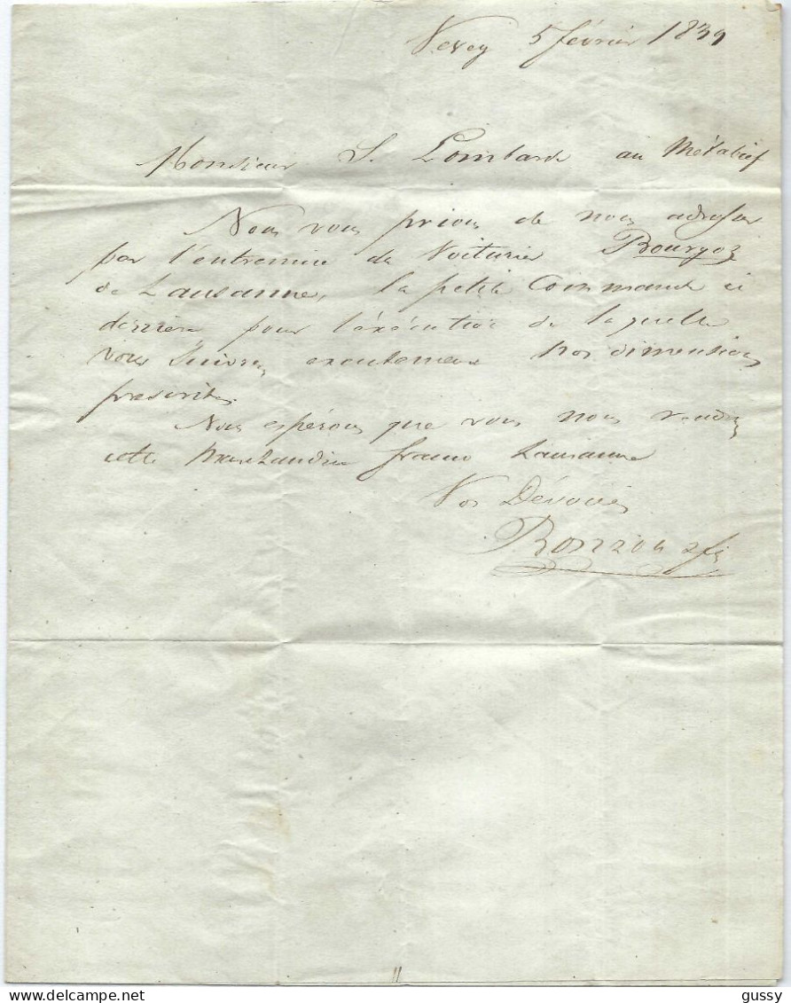 SUISSE Préphilatélie 1839: LAC De Vevey (VD) Pour Métabief (Doubs) Taxée 4 Décimes - ...-1845 Vorphilatelie