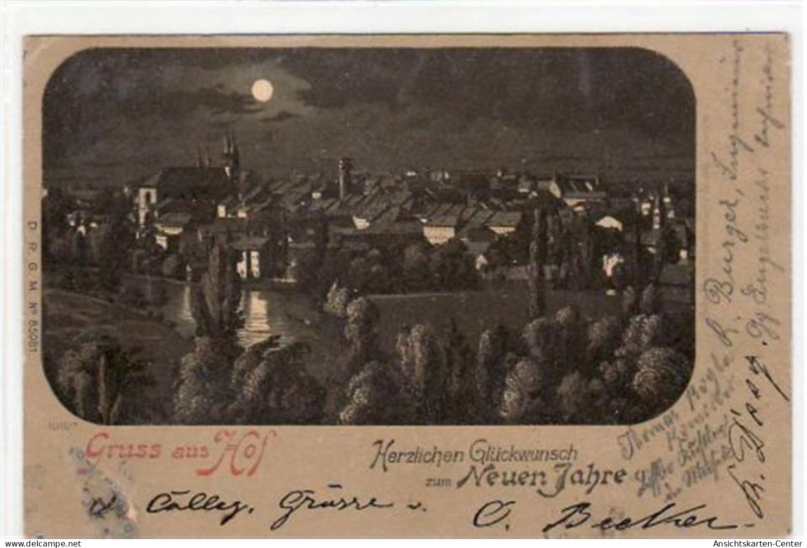 39049907 - Hof, Mondschein Lithographie Mit Gesamtansicht Gelaufen Von Ca. 1901 Kleiner Knick Oben Rechts Und Links, Kl - Hof