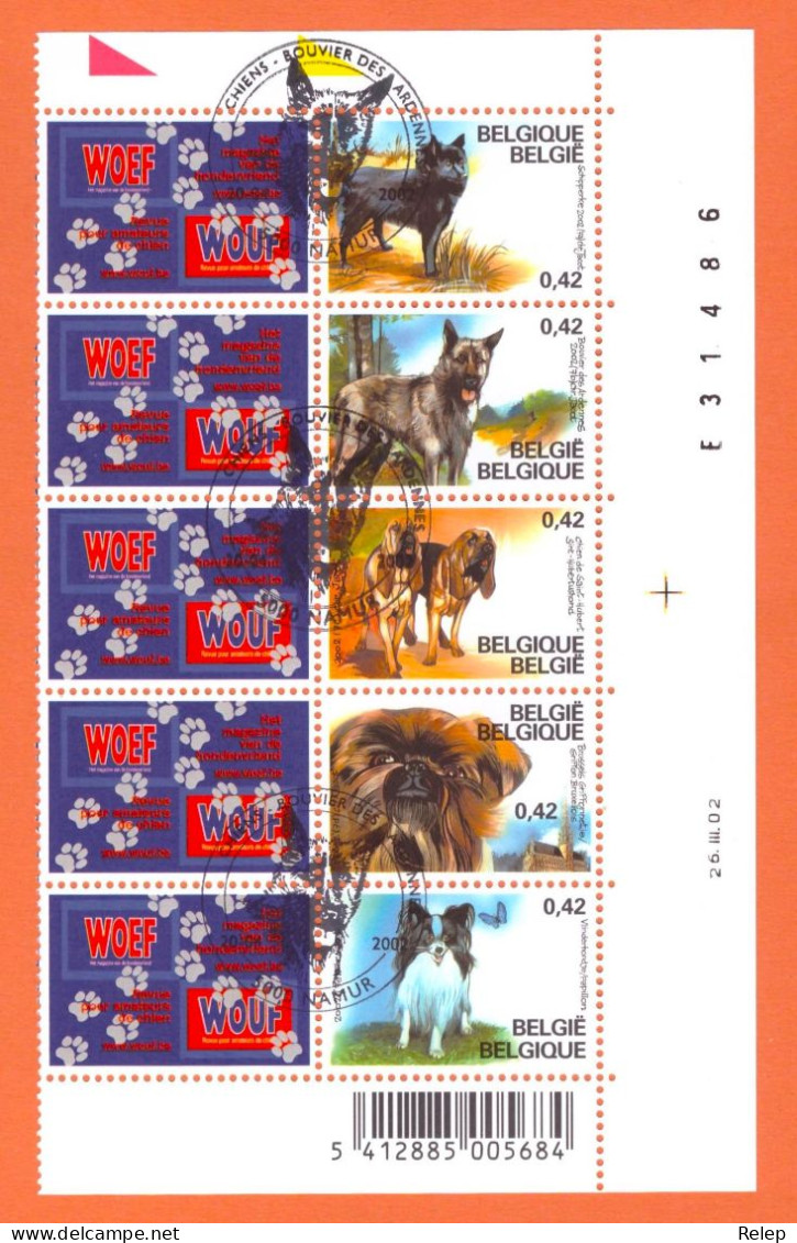 COB 3064/68  2002  *** Belgian Dogbreeds   - Feuillet 1 SERIE Obliterated 1st Day  - Coin Daté. - Nuovi