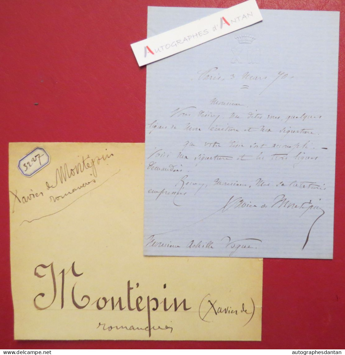 ● L.A.S 1870 Xavier De MONTEPIN écrivain Né à Apremont à Achille VOGUE - Billet Lettre Autographe - Schrijvers