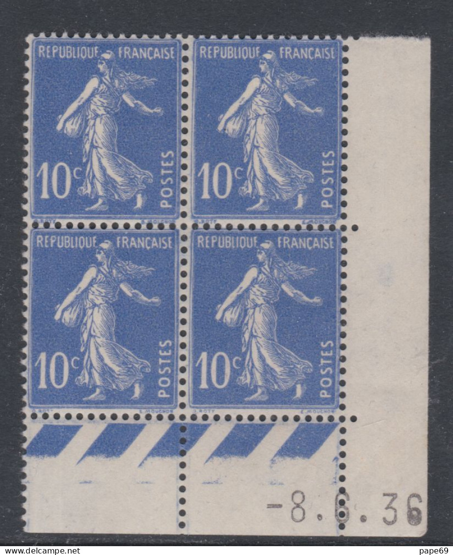 France N° 279 X Type Semeuse : 10 C. Outremer En Bloc De 4 Coin Daté Du 8 . 6 . 36 ; Sans Pt Blanc, Trace Charnière, TB - 1930-1939