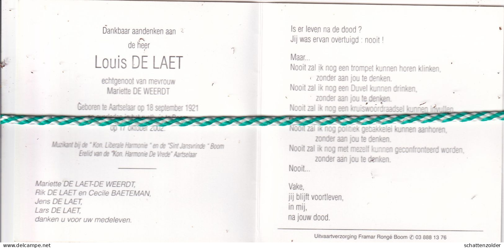Louis De Laet-De Weerdt, Aartselaar 1921, Boom 2002. Foto Muzikant - Avvisi Di Necrologio