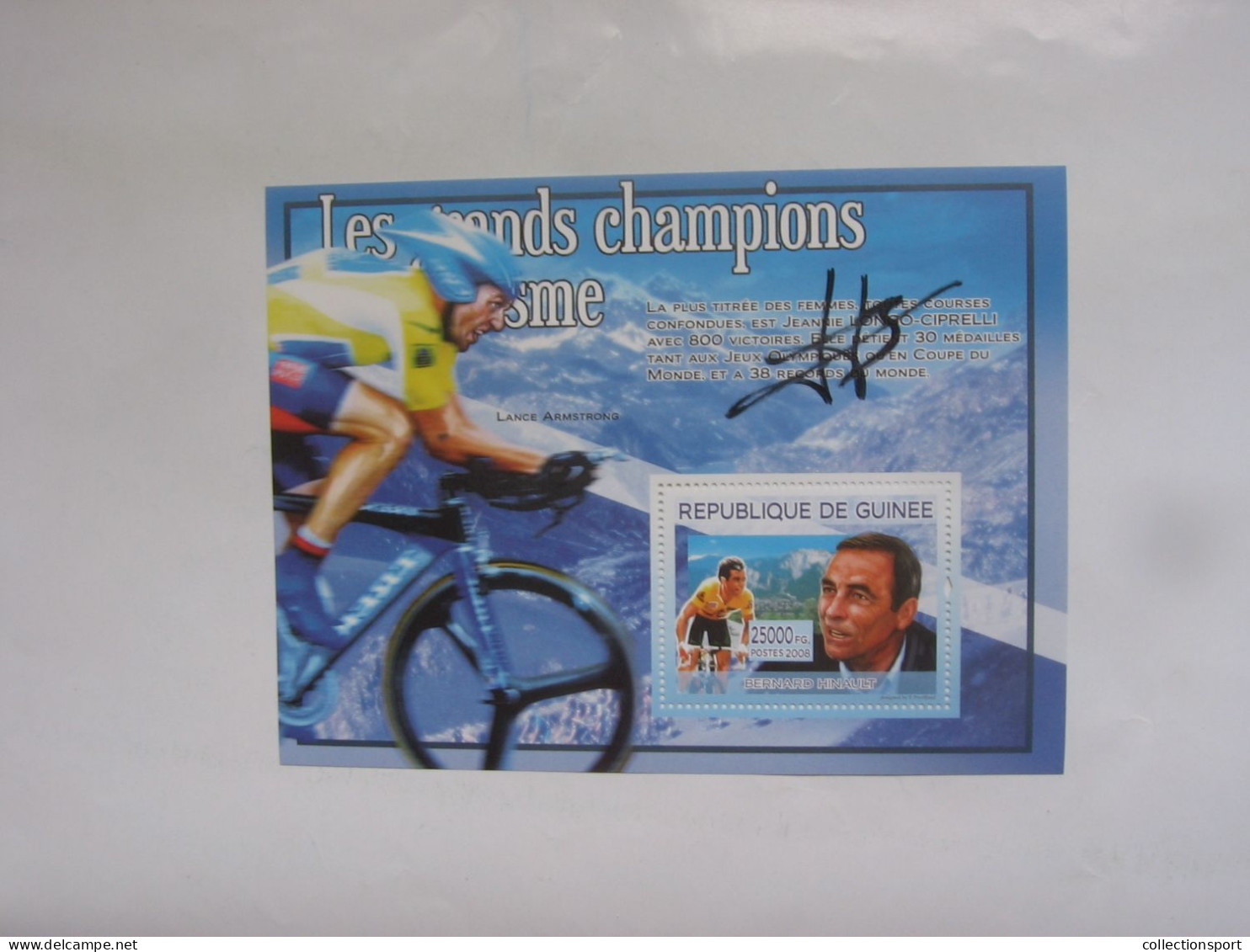 Cyclisme - Autographe - Bloc Timbres Guinée Signé Par Bernard Hinault - Radsport