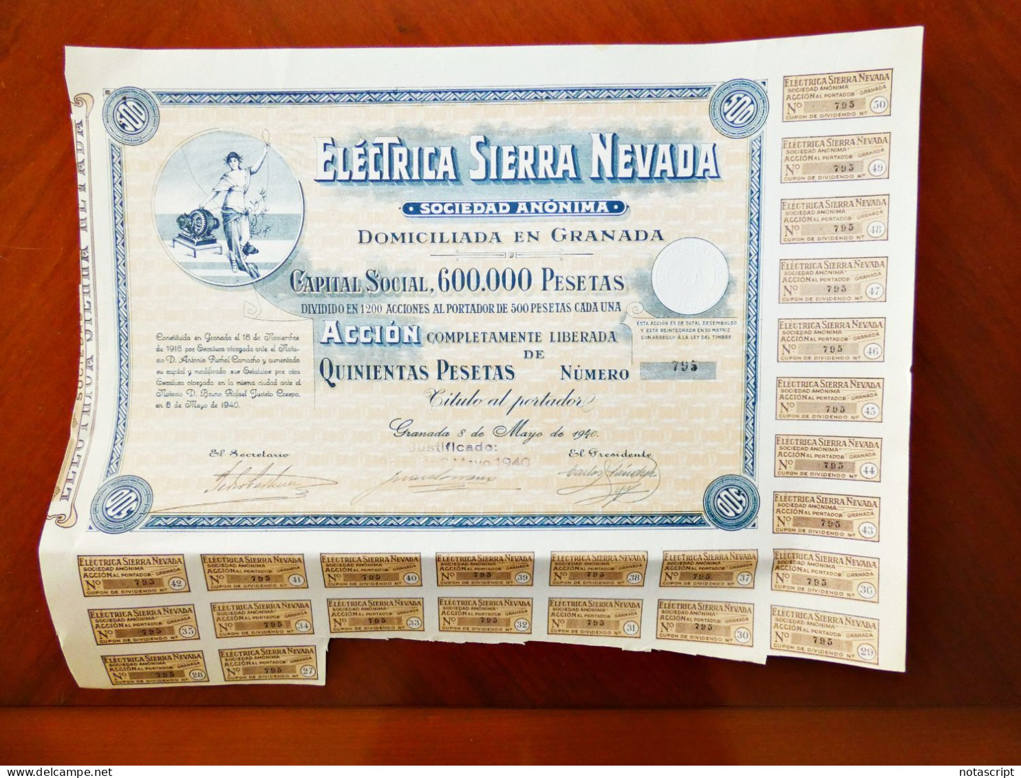 Eléctrica Sierra Nevada SA ,Granada ,Spain 1940 Share Certificate - Elettricità & Gas