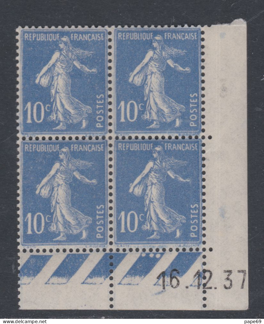 France N° 279 XX Type Semeuse : 10 C. Outremer En Bloc De 4 Coin Daté Du 16 . 12 37 ; 3  Pts  Blancs , Sans Charnière,TB - 1930-1939