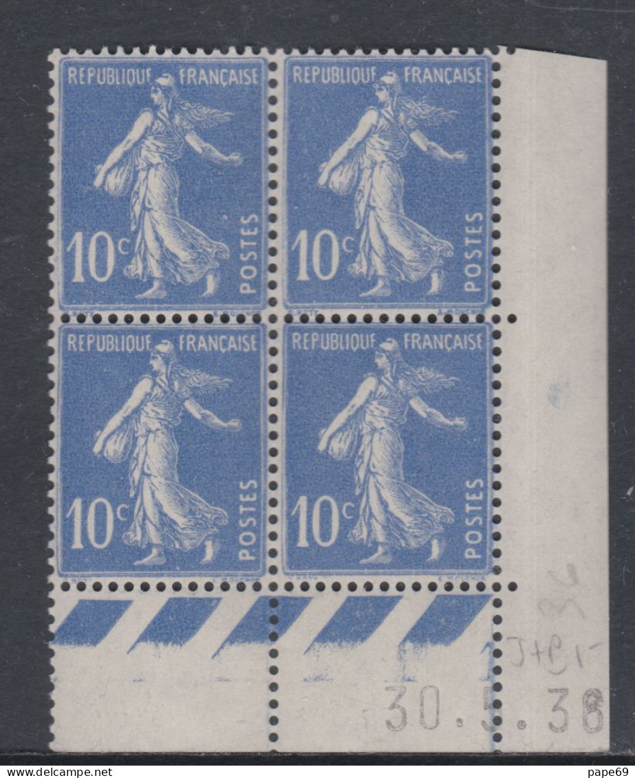 France N° 279 XX Type Semeuse : 10 C. Outremer En Bloc De 4 Coin Daté Du 30 . 5. 38 ;  Ss Pt Blanc Sans Charnière, TB - 1930-1939
