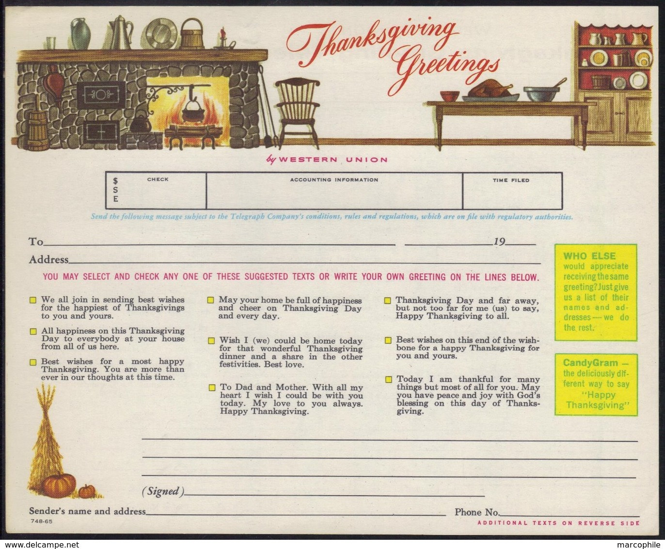 DINDE - THANKSGIVING - FEU - AMEUBLEMENT - POTIRON ETC / 1965 USA TELEGRAMME DE LUXE ILLUSTRE (ref WU3) - Food