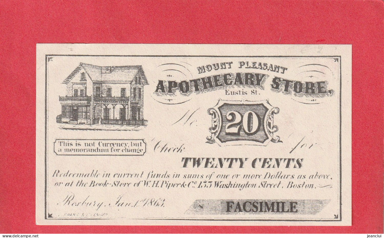 FACSIMILE . 20 Cents MOUNT PLEASANT APOTHECARY STORE . ROSBERY .  2 SCANNES - Andere & Zonder Classificatie